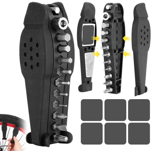 Attrezzi Bici, Kit Bicicletta Riparazione,15 in 1 Attrezzo Multifunzione, con Kit di Toppe e Leve per Pneumatici,per Bicicletta,Multitool MTB,Strumenti Essenziali Touring per i Cicloturisti, ecc