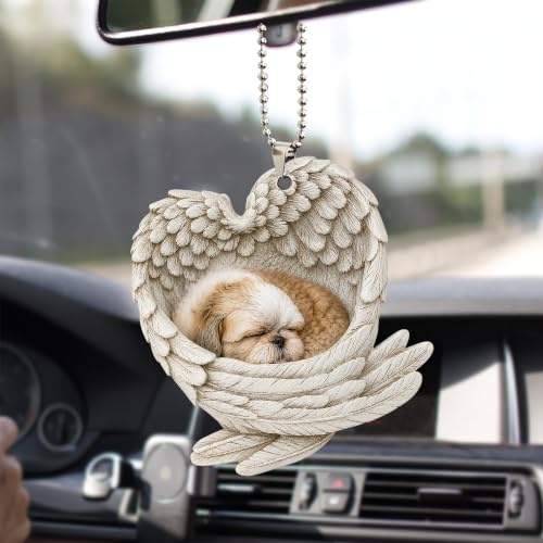 Talataca Shih Tzu Shitzu Schlafender Engelsflügel Tier Haustier Hund Bauernhaus 2D Flacher Auto Rückspiegel Zubehör Weihnachtsbaum Ornament Dekoration Hängender Charme Innen Rückansicht Anhänger Dekor