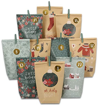 Papierdrachen Advent Calendar for Filling – 24 Green and Brown Printed Gift Bags and 24 Number Stickers and Clips – Green Motif – for Crafts and Giving – Christmas (400-009-016)