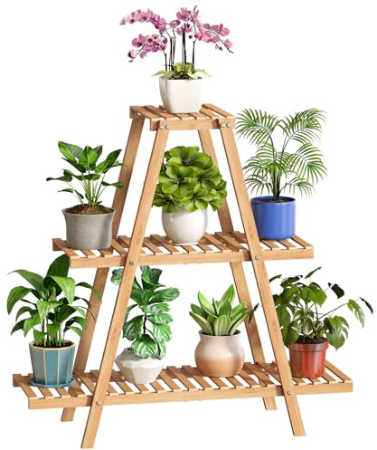 BMOSU Plant Stand Bamboo for Indoor Outdoor Tiered Plant Shelf 8 Potted Flower Holder Ladder Rack Garden Balcony Living Room Patio(3 Tier Natural)