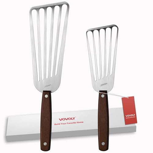 2 Pack Fish Spatula Turner, Stainless Steel Slotted Spatulas for Flipping, Turning, Frying & Grilling, 3x6+4x8 Metal Slotted Spatulas, Wooden Full Tang Handle & Curved Blade