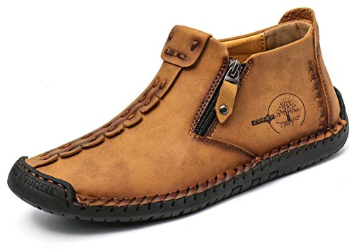 2023 Botas Altas Italianas Hechas A Mano, Zapatillas Cuero Con Cremallera Cómoda Y Antideslizante Para Hombres Zapatillas Casuales Transpirables Botas Altas Chukka Talla Zapato Gran Tamaño,Marrón,41
