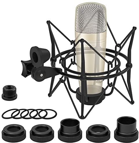 Geekria Micrófono Shock Mount, Micrófono Shock Suspensión Adaptador Clip Compatible con CAD GXL2200, Nady SCM-800, Behringer C-1, C-1U, Marantz, TZ Micrófono Stand Clip (Negro/Metal)