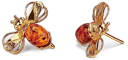 HENRYKA Silver & Honey Amber Bumble-Bee Studs | 925 Sterling Silver & 24ct Gold Plate Honey Bee Gemstone Earrings | Cute Fashion Accessory & Jewellery Gift for Her & Women
