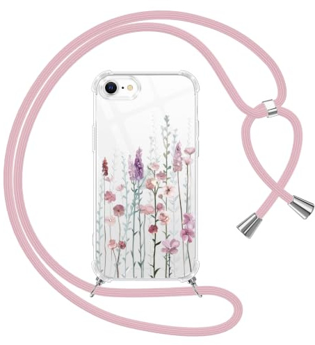 Yoedge Handyband Handyhülle für iPhone 8/7/SE 2020/SE 2022 4,7 Hülle mit Band, Silikon TPU + PC Stoßfest Schutzhülle mit Kordel zum Umhängen, Durchsichtig Case mit Aesthetic Muster,Blumen 3