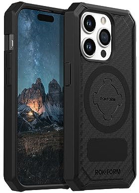 ROKFORM Schutzhülle für iPhone 15 Pro, robuste Serie, magnetisch, iPhone 15 Pro mit RokLock-Drehverschluss, sturzgeprüfte Rüstung (schwarz)