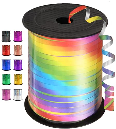 Geschenkband Bunt, 450 Meter/ 500 Yard Regenbogen Schleifenband, Glänzend Bunt Glitzer Ringelband Ballonband für Ballonverschlüsse, Weihnachten Neujahr Geschenkverpackung, Party Hochzeitsdeko