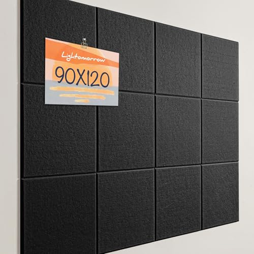 Pinnwand 121,9 x 91,4 cm – 12 Filzfliesen 30 x 30 cm mit Selbstklebeband, DIY-Alternative zur Korktafel für Büro & Zuhause, inkl. 30 Reißzwecken – Schwarz