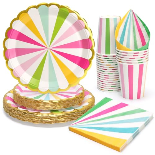 PARTY GO 96PCS Rainbow Party Supplies, Disposable Tableware Set, Includes 9 Plate Paper Plates, 7 Plate Paper Plates, Cups, Napkins, for Picnic, Happy Birthday Party