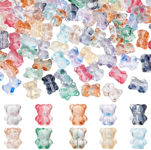 PH PandaHall 140 Stück 10 Farben Bärenkristallperlen, Bär-Glas-Abstandsperlen Handgefertigte Lampwork-Bär-Perlen Bunte Süße Bärenperlen Für Schlüsselanhänger, Ohrringe, Halskette, Schmuckherstellung