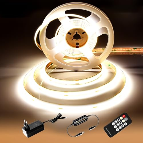 Ruban LED COB 5M, bande LED blanche naturelle 4000K, bande LED dimmable 24V, largeur CRI92, 8mm, avec télécommande et alimentation, pour la décoration de la maison, la cuisine, le miroir