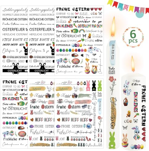 6 Stück Kerzentattoos Ostern, Kerzensticker Ostern Kerzen Tattoo Wasserschiebefolie Kerzen Tattoofolie Kerzenaufkleber Ostern Frohe Ostern DIY Kerzen Dekorieren für Kerzen/Keramik
