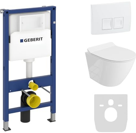 Lavita Duofix Basic Vorwandelement + Wand Tiefspül WC Sogo Slim Weiß Spülrandlos + WC Sitz + Bedienplatte Delta 25 Weißer Knopf Komplettset Unterputz Spülkasten Toilette Komplett Sett WC