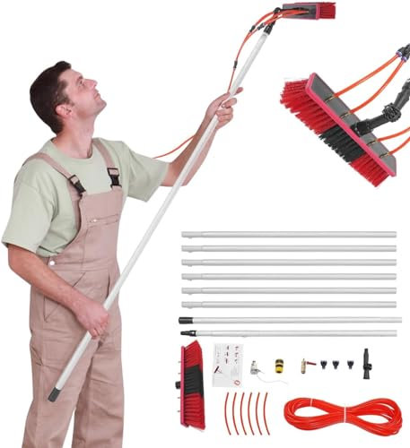 HINOPY Brosse de lavage télescopique 2 en 1 - Raclette de douche professionnelle - Longueur réglable de 1 à 8 m - Avec raccord d'eau - Outil de nettoyage pour vitres intérieures et extérieures - Pour