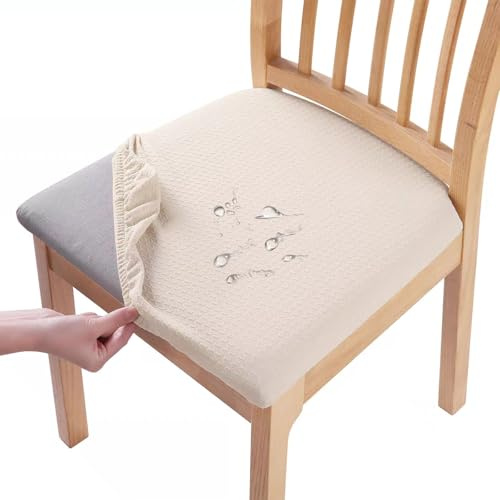Hopelit Esszimmerstühle Stuhlhussen 6er Set, Jacquard Esszimmerstuhl Sitzbezüge, TPU Folie Stuhlbezug Wasserdicht, Abnehmbare Waschbar Stretch für Küche, Restaurant, Party - Kariert Beige