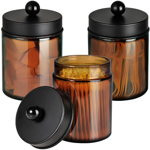 Komashr Amber glas Qtip hållare, apotekare burk, qtip dispenser med metalllock och klistermärken – 3-pack behållare, sminkbehållare, organiseringsförvaring, badrumstillbehör set för bomullspinn, boll,