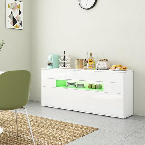 Küchenschrank Buffet Schubladenschrank Kommode Wohnzimmerschrank mit LED Beleuchtung 3 Türen 5 Schubladen mit Drucksystem 1 Offene Ablage für Esszimmer Küche Wohnzimmer Hochglanzfron (Weiß)