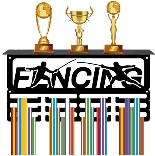CREATCABIN Colgador Medallas Esgrima con Estante,Marco para Trofeos Deportivos,Soporte Pared Hierro,Decoración,Colgadores Medallas Metal,Organizador para Medallas Atletas Esgrima,Premios 40x20x10cm