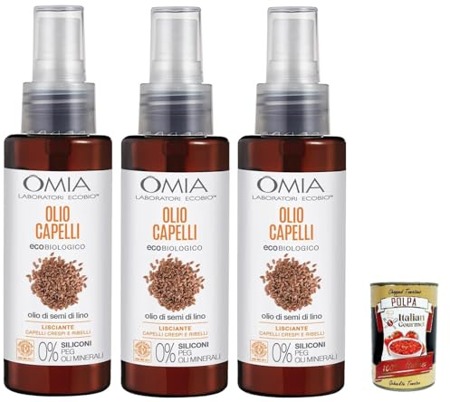 Omia, Olio Capelli Eco Bio con Olio di Semi di Lino, Haaröl mit Flachssamenöl, Für kraus und rebellische Haare, glatte und disziplinierende Aktion ohne Silikone, 3x 100 ml + Italian Gourmet polpa 400g