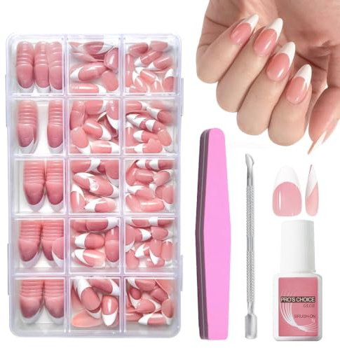 False Nail Tips Kit - 240pcs Almond Press on Nails with Glue - 15 Sizes French Tip Fake Nails - Full Cover Nude Pink Color Stick on Nail French Nail Art Manicure Decorations