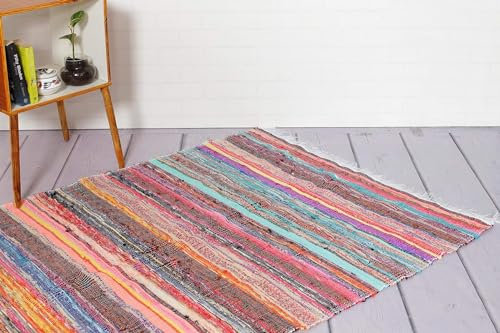 Chindi Flickenteppich, handgefertigt, Baumwolle, gefärbt, mehrfarbig, Raumdekoration, Yoga-Matte, Heimdekoration, recycelter Teppich, 1,5 x 0,9 m, Weiß