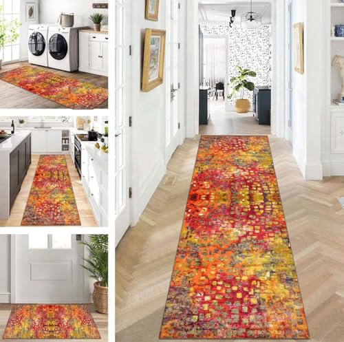 ZUZEKU Teppich Läufer Lang Flur Küche rutschfest waschbar Teppichmatten Modern Design Küchenläufer Gelb Rot Orange 100X200cm Küchenteppich Meterware Esszimmer Schlafzimmer Wohnzimmer Schmutzfangmatte