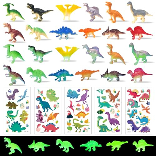 NVGVUP 29 Pcs Mini Dinosaure Figurine, Lumineux Dinosaure Jouet, Plastique Mini Dinosaures Jouet, Jouets éducatifs de Dinosaures pour Enfants avec 5 Autocollants de Dinosaures, Cadeaux pour Enfants