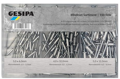 GESIPA | Blindnieten Set 150-tlg Alu/Stahl | Je 50 Stk. Ø 3x6, 4x10 und 5x12mm für Materialstärke: 5-9mm | Nieten in Industrie-Qualität | Popnieten, Blindnieten, Nietzange von den Profis