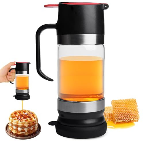 PORFOYO Honigspender Glas, 300 ml Tropffreier Honigspender mit Griff, Sirupspender Glas für Honig, Sirup, Ahornsirup und Marmelade, Ideal für Kaffee und Tee, Schwarz