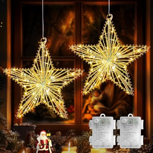 GlobaLink LED Weihnachtsstern Beleuchtung 2 Stück, Weihnachtsfenster Stern Weihnachtsvorhang Lichter batteriebetrieben für Weihnachten Outdoor Schlafzimmer Fenster Deko
