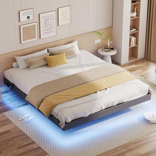 IRONCK Bettgestell 180x200 cm, Schwebender Bett mit LED Beleuchtung, Gepolsterte Seitenwände, 2 AC-Steckdosen, 1 USB-A-Anschluss, 1 USB-C-Anschluss, Metallbett mit Lattenrost Doppelbett, Grau
