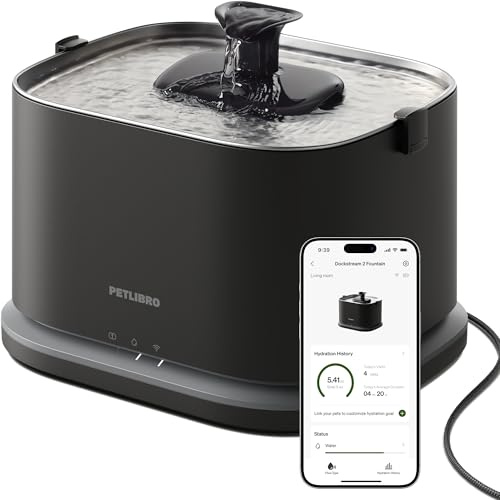 PETLIBRO Dockstream 2 Smart Cat Water Fountain – Real-Time Hydration Tracking, Wi-Fi App Insights, Stainless Steel Tray, Quiet 3L Pet Fountain with Four-Layer Filter, Mains Powered