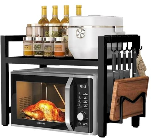 2 Tier Expandable Microwave Oven Rack - Microwave Stand with 6 Hooks, Carbon Steel Kitchen Organiser Storage, Holder Counter Shelf with Storage, Height Width Adjustable Pantry Rack for Kitchen (Black)