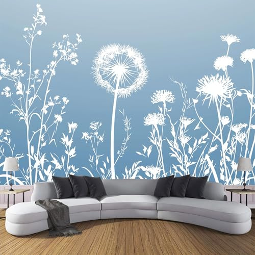 Panoramique Murale ‎150x105cm (L×H), Papier Peint Herbe Pissenlits Abstraits Grille Florale Tissu en Soie Décoration Murale, Tableaux Muraux Salon Chambre Papier Peint Bleu clair 3D Fond Effet