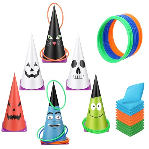 Soulchen 36 Pcs Carnival Games Set 3 in 1 Soft Plastic Cones Cornhole Bean Bags Ring Can Toss Carnival Games Combo for Adults Birthday Party Field Indoor Outdoor Supplies