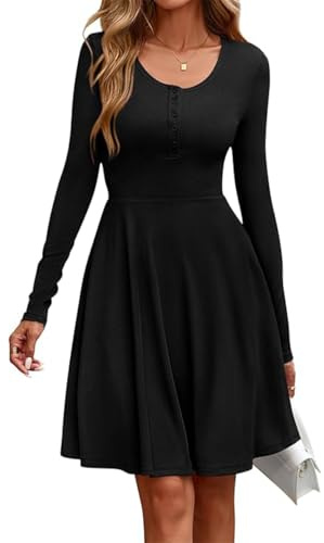 SCHOOLMOON Robe Pull Femme Manches Longues Taille Haute Tricot Automne Robes Col Rond Décontracté Chic Hiver Genou Robe avec Poches(Noir,XXL)