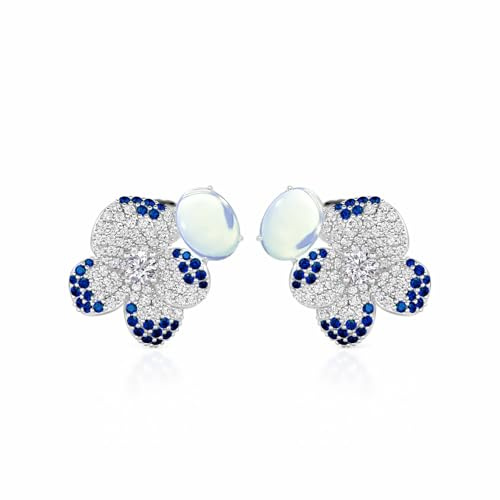 Damen Ohrringe Mondstein Zirkonia Ohrstecker Stiefmütterchen Blumen Ohrschmuck Rundschliff Stein Ohrhänger Mittsommernacht Steckohrringe Sterling Silber Ohrstecker für Frauen Mädchen (Saphirblau)