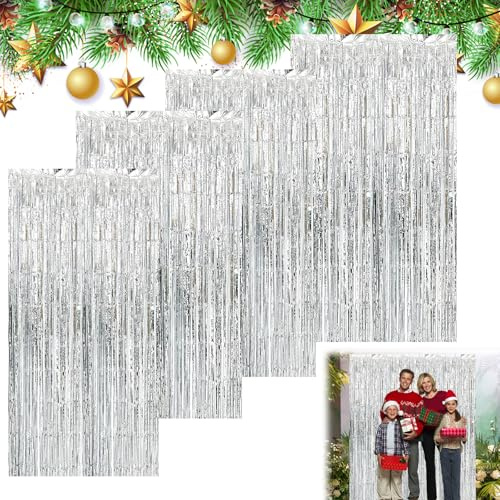 CUVZORA 4 Stück Lametta Vorhänge, Glitzervorhang Lametta, Folienfransen Vorhang 1 x 2 m, für Weihnachten Hintergrunddekoration, Geburtstagsfeierdekoration, Faschingsdeko, Karnevalsdekoration(Silber)