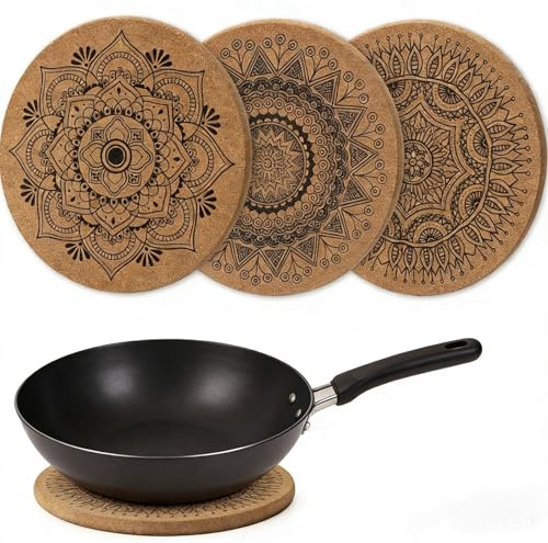 3 Stück Topfuntersetzer aus Kork 19cm – runde Korkuntersetzer mit schönen Mustern, hitzebeständige Untersetzer als Tischschoner, Unterlage für Töpfe, Gläser, Schüsseln & Vasen