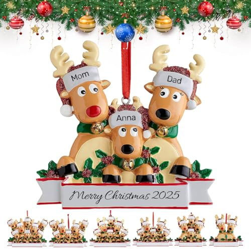 Personalisierte Familien-Weihnachtsschmuck - Personalisierter Weihnachtsanhänger mit 2/3/4/5/6/7/8 Familiennamen, Rentier-Weihnachtsschmuck-Anhänger, Weihnachtsanhänger für Freunde Familie