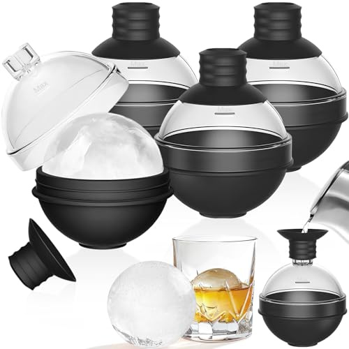 4 Piezas Cubiteras Hielo Redondos Silicona Grado Alimenticio Grande con 2 en 1 Tapa Embudo, Bandeja Cubitos Hielo Reutilizable Sin BPA, Ice Cube Maker para Whisky, Cócteles, Vino y Otras Bebidas