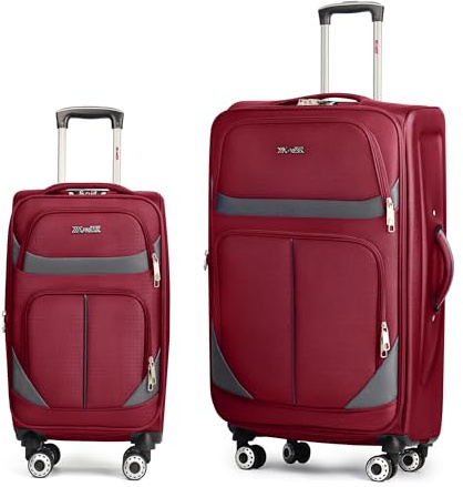 New York XPress 2-Piece Set Front Opening,Softside Luggage Sets w/Double Spinner Wheels Expandable Luggage,Lightweight Travel Luggage Rolling Suitcase w/LOCK（Burgundy-Grey,20in/28in）