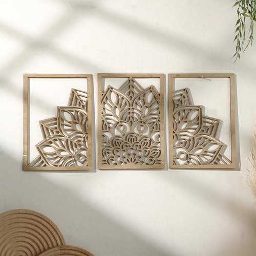 PAEFIU 3 Stück Holzornamente Wandornamente, Boho-Wandkunst Wandbild, Vintage Holz Wanddeko, Rustikale Stil Geschnitzt Zum Wohnkultur, für Wohnzimmer, Schlafzimmer, Badezimmer, Flur, Ferienhaus