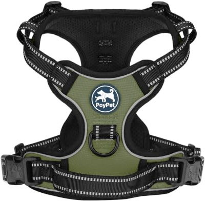 PoyPet Dog Harness Small, No Pull Vest with Front/Back Clip & Soft Handle | No Choke, Reflective, 2 Lead Rings, Adjustable, Breathable Padded, Oxford, Easy Control for Walking Training, S, Army Green