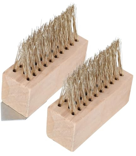 COLLBATH Brosse Métallique de Jardin Brosse Décapante 2 Pcs Manche Bois Long Poignée Désherbage pour Nettoyage de Sols Extérieurs Jardin, Terrasse, Ménage Robuste Acier Acier Rigide