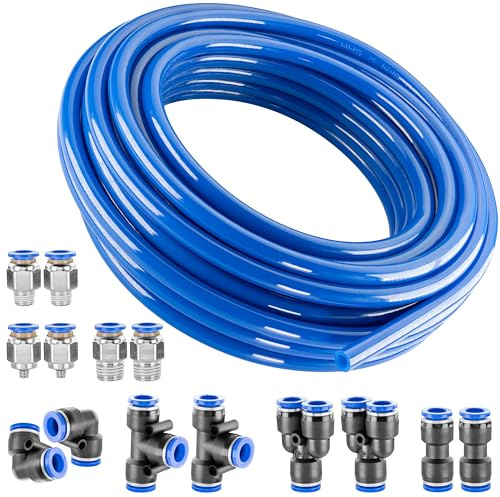 Poppstar Tuyau pneumatique en PU pour air comprimé DI 5mm / DE 8mm, 10m, 8x Raccords rapides (Y, T, L, I), 8 bar, bleu