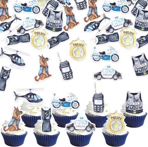 64 Pack Edible Police Cupcake Toppers Double Sided Cupcake Picks Helicopter Car Dog Badge Uniform Gun Policeman Cupcake Decoration for Police Theme Birthday Party Cake Decorations Supplies