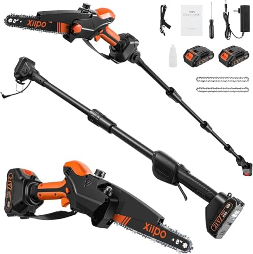 2-in-1 Cordless Electric Pole Saw & 8 Inch Mini Chainsaw, 15FT Max Reach, Adjustable Cutting Head, 2×21V Batteries, Automatic Lubrication, Tool-Free Tension Tree Trimmer Pruner for Branch Cutting