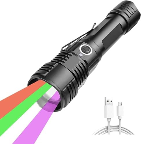 4 Color in 1 LED Torch Super Bright, Rechargeable Red Green White and UV Light Flashlight, Zoomable Waterproof Multicolor Torches, Photography Light with 18650 Battery for Camping Hunting Fishing