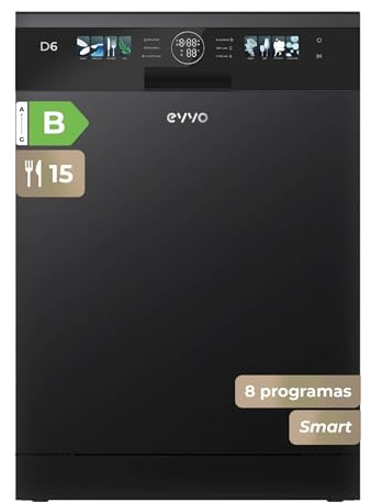 Lavavajillas D6 Libre Instalación 60 cm - Clase B Alta Eficiencia, 15 Cubiertos, 8 Programas, Apertura Automática, Luz UV e Inicio Diferido - Lavavajillas Acero Inoxidable Inox - Secado Turbo (Negro)